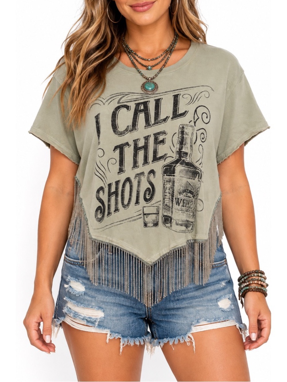 Modish Rebel "I Call The Shots" Green Graphic Fringe Tee- Medium